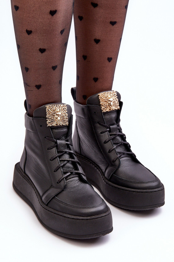 Women's Laced Boots with Leather Decoration Black Nicole