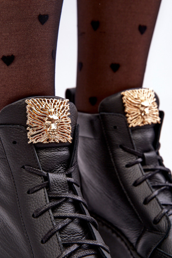 Women's Laced Boots with Leather Decoration Black Nicole
