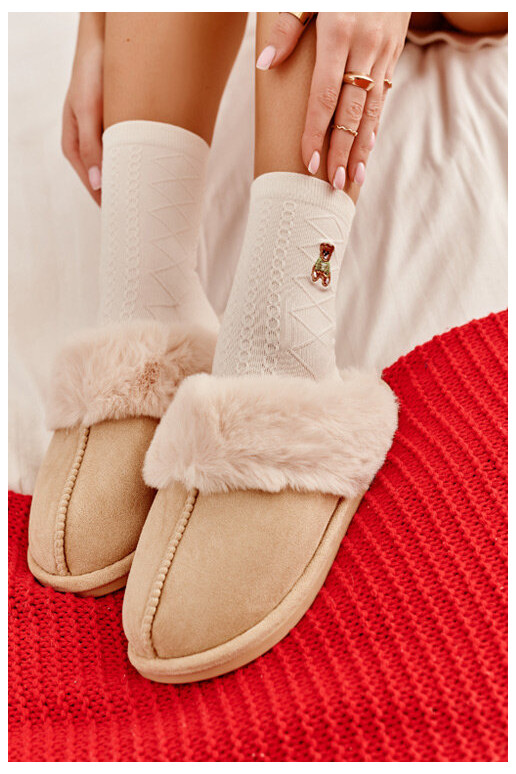 Women's Slippers with Faux Fur Light Beige Pinky