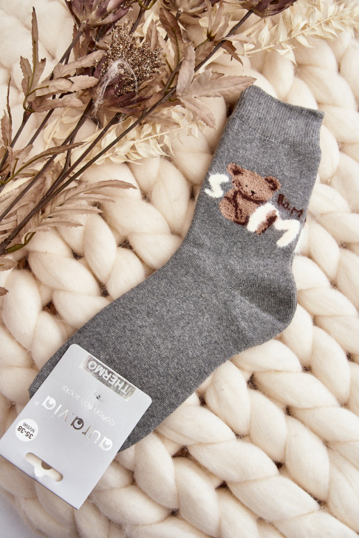 Warm Cotton Socks With Bear Dark Grey