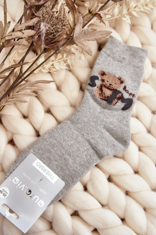 Warm Cotton Socks With Bear Grey