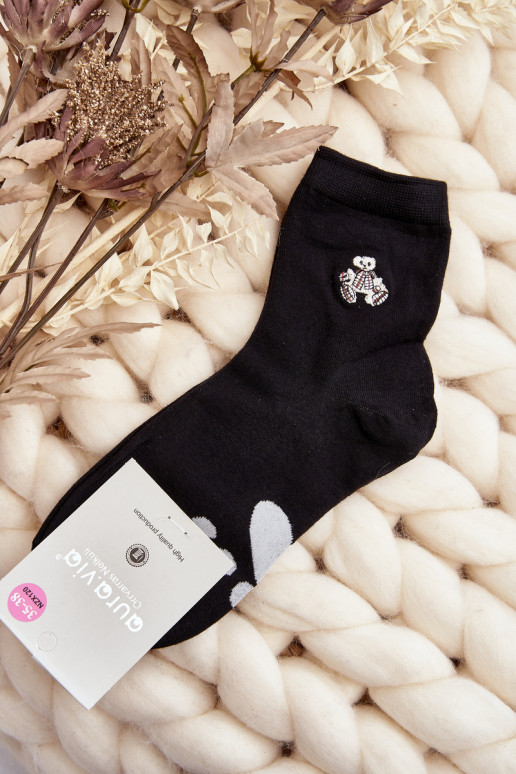 Women's Cotton Socks with Teddy Bear Patch Black