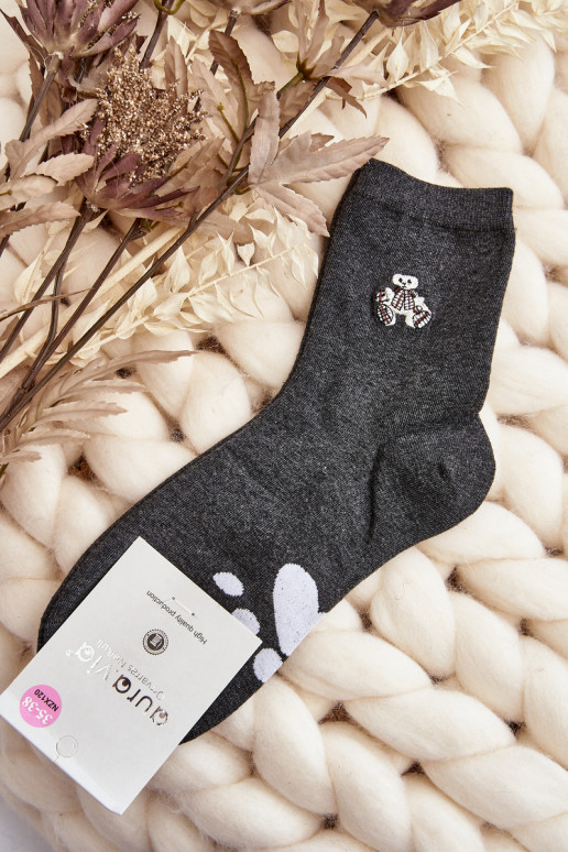 Women's Cotton Socks with Bear Patch Dark Grey