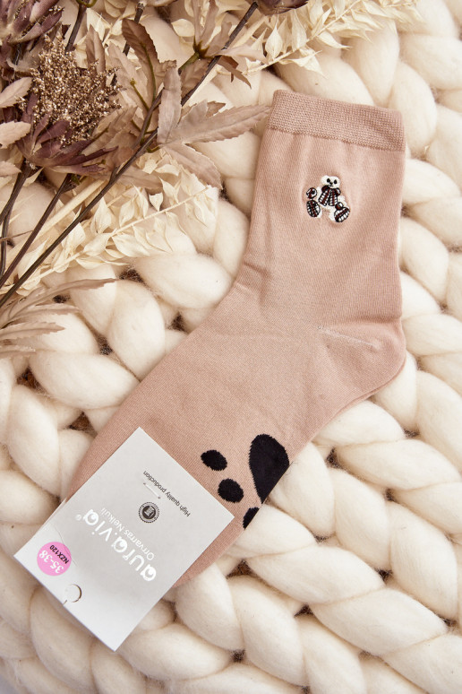 Women's Cotton Socks with Teddy Bear Patch Beige