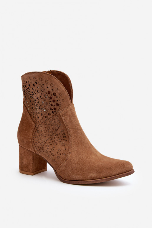 Zazoo 3166 Women's Perforated Boots On Heel Suede Camel