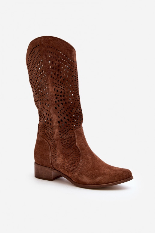 Suede Mid-Calf Boots with Cut-Out Design Zazoo 3305 Beige