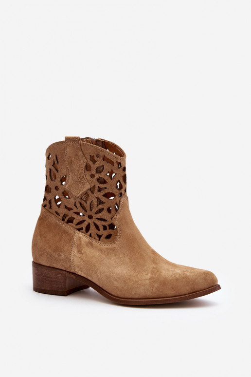 Lace-up cowboy ankle boots with low suede heel Zazoo 3404 Beige