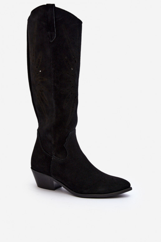 Zazoo 2909 Suede Cut-Out Boots with Low Heel Black