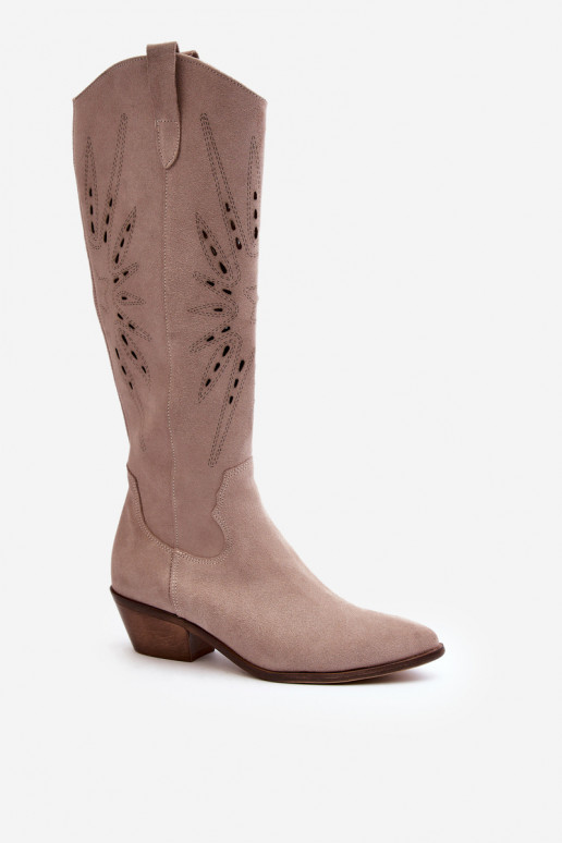Zazoo 2909 Suede Cutout Boots with Low Heel Beige