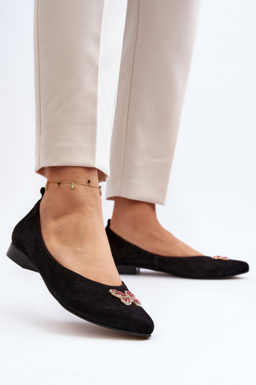 Zazoo 2887 Suede Ballerina Flats With Decorative Butterfly Black