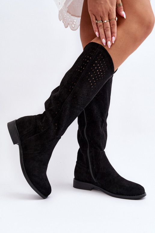 S.Barski HY66-150 Black Cut-Out Boots with Flat Heel
