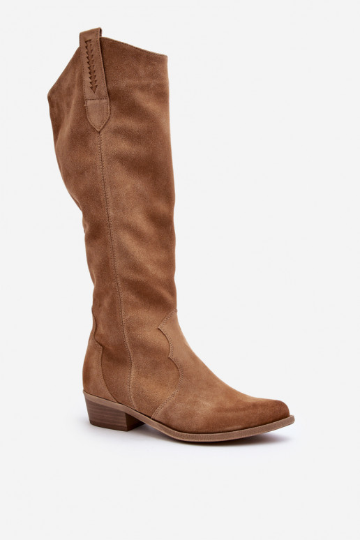 Zazoo 3427 Women's Suede Cowboy Boots Beige