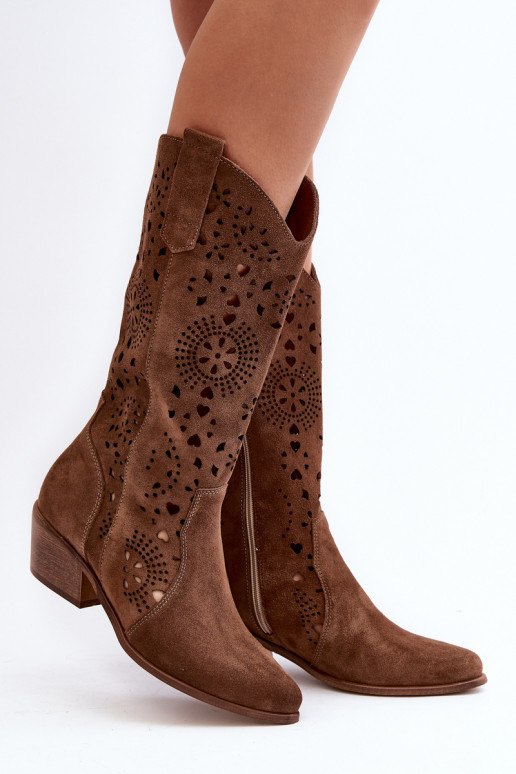 Zazoo 3396 Suede Cut-Out Mid-Calf Boots Brown