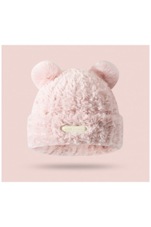 Plush winter hat with teddy bear ears, with a patch, pink CZ32WZ4
