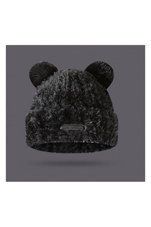 Plush winter hat with teddy bear ears, with patch, black CZ32WZ5
