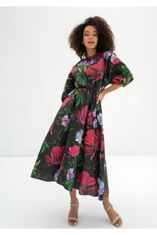 Mabel - Black floral flared midi dress