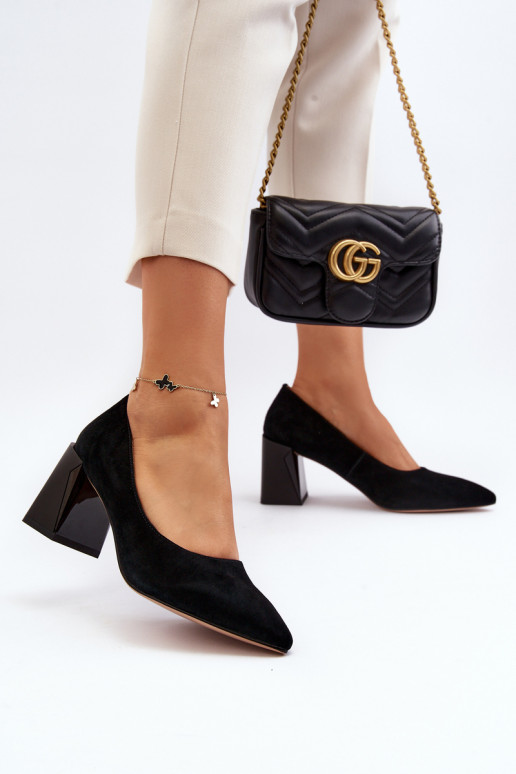 Black Suede Court Shoes with Chunky Heel Alessyndra