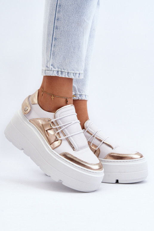 Zazoo 1833 Women's Leather Sneakers on Chunky Sole White-Gold