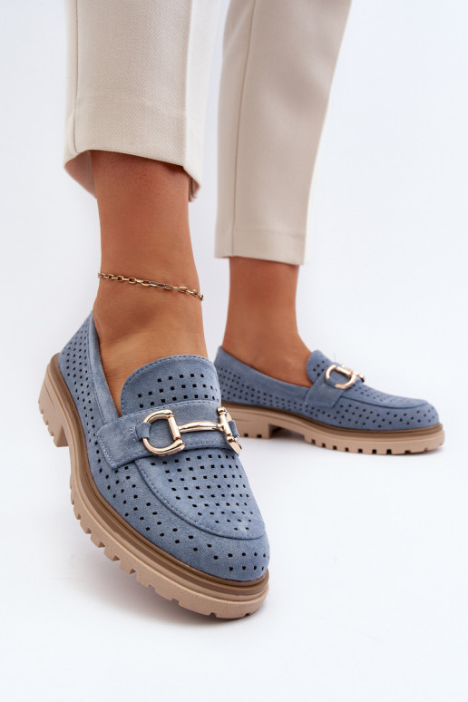 Women's Blue Cutout Moccasins With Embellishment Talesse