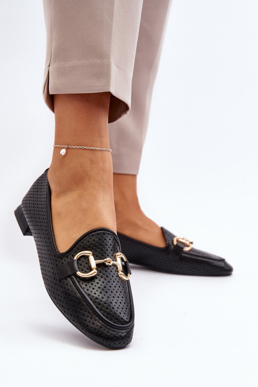 Women's Flat Heel Loafers with Black Decoration Iluvana