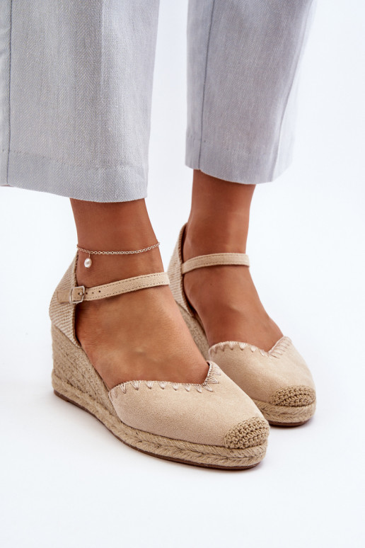 Suede Wedge Espadrille Sandals with Woven Detail Beige Raylin