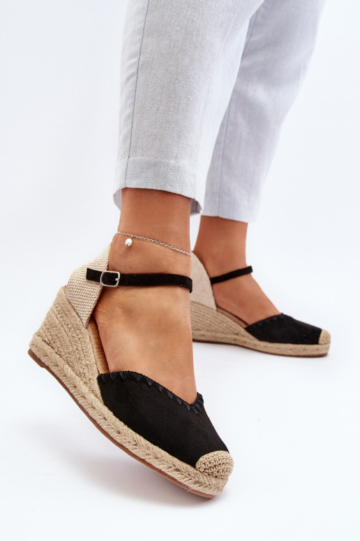 Suede Espadrille Sandals with Wedge and Braid Black Raylin