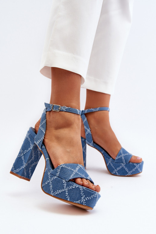 Denim Sandals with Block Heel Blue Acrana