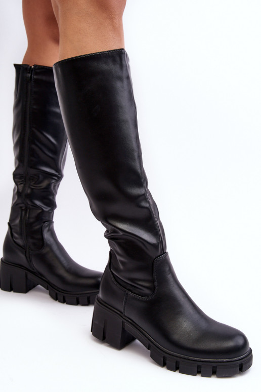 Women's Leather Ankle Boots with Low Massive Heel Black Nienna