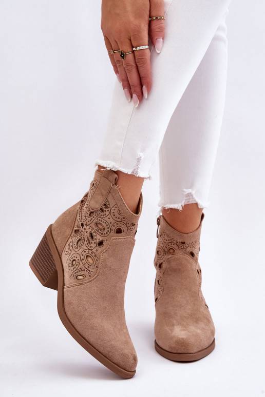 Women's Suede Openwork Cowboy Boots Beige Daxon