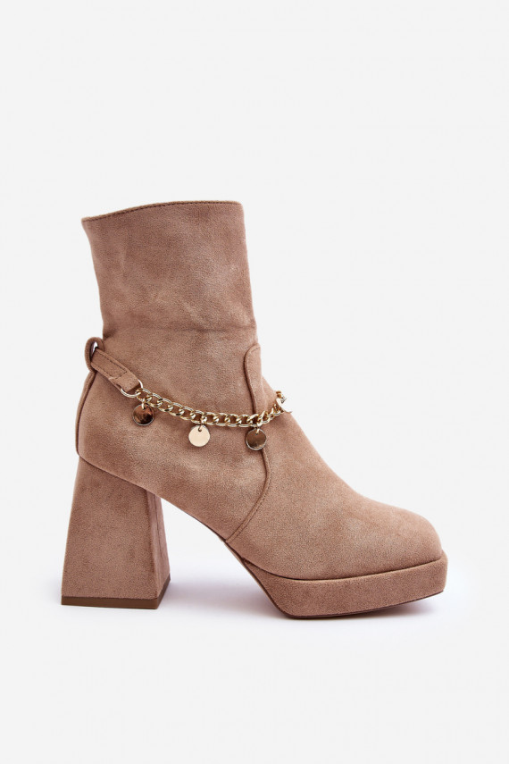 Women's Ankle Boots with Chunky Heel and Chain Beige Tiselo