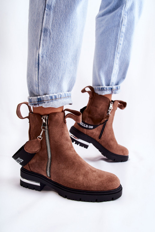 Women's warm boots with a zipper Brown Calvaro