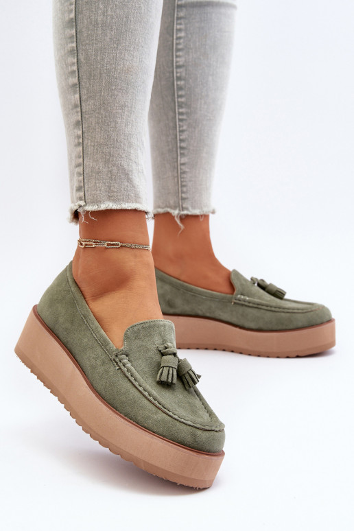 Women's Platform Moccasins with Fringes Green Mialani