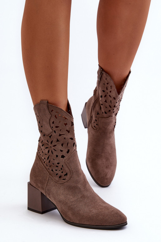 Suede Boots with Cut-Out Shaft on Block Heel Brown Irvelame
