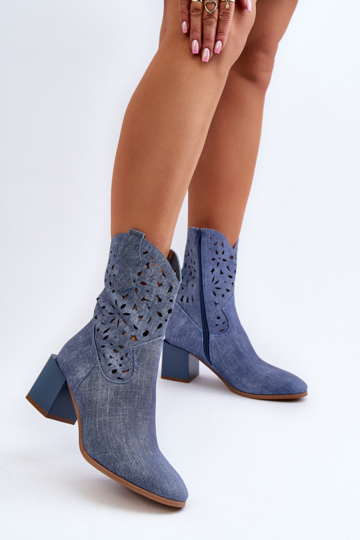 Denim Boots With Lattice Upper on Block Heel Blue Irvelame