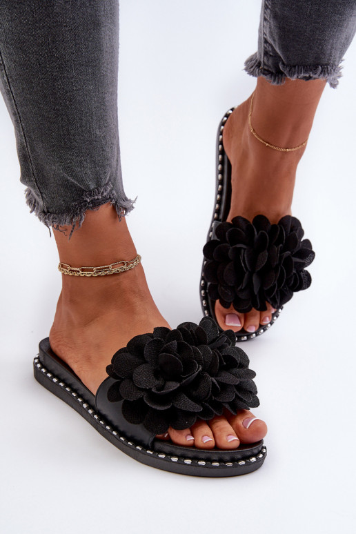 Women's Sandals Decorated with Flowers Black Cellanen