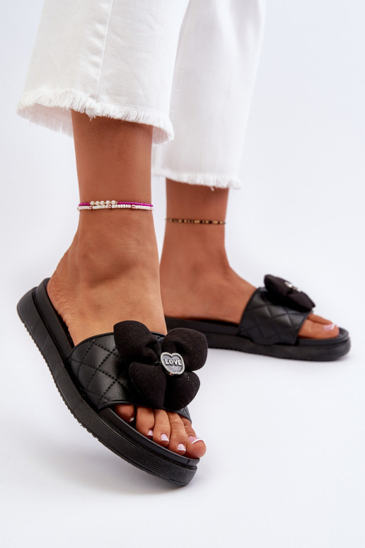 Women's Slides with Ornament on Low Platform Black Cedrella