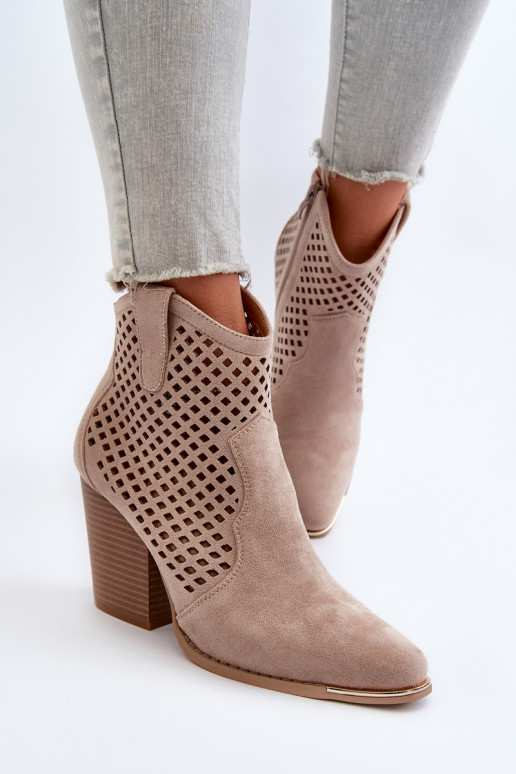 Beige Lace-Up Women's Ankle Boots in Eco Suede on Block Heel Stardara