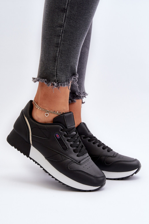 Black Leather Platform Lace-Up Sports Shoes Merida