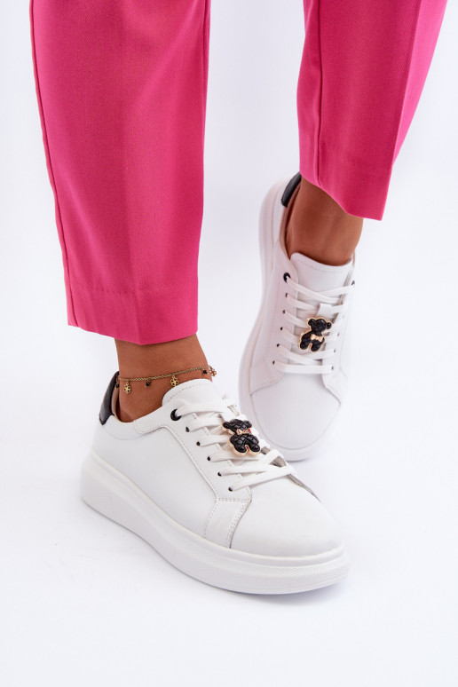Women's Leather Sneakers with Bear White Mirven