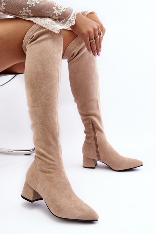 Women's Knee-High Boots On Low Heel Beige Maidna