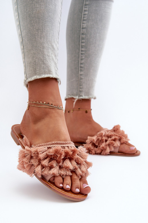 Flat Women's Slippers with Tassels Dirty Pink Rialle