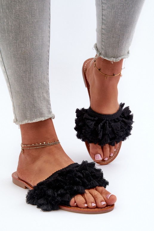 Women's Flat Sandals with Fringes Black Rialle