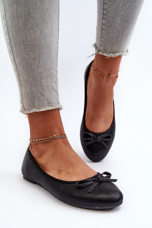 Black Eco Leather Ballerina Flats with Bow
