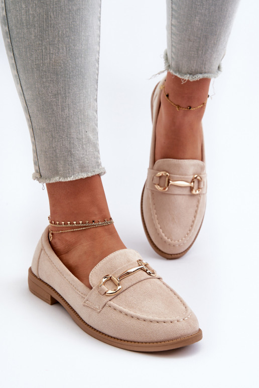 Women's Flat Heel Loafers with Beige Aviole Embellishment