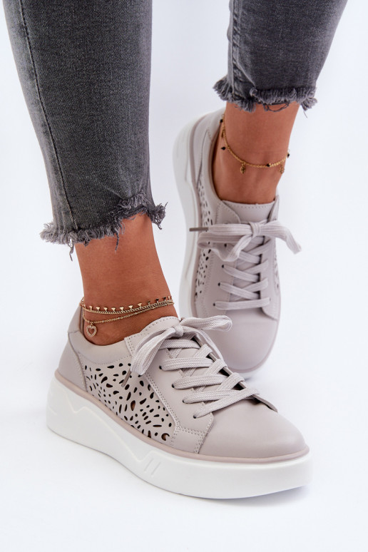 Women's Gray Leather Platform Sneakers Peilaeno