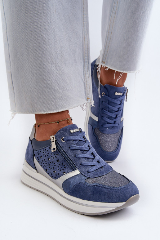 Women's Platform Sneakers with Lacy Pattern and Brocade INBLU IN000372 Blue