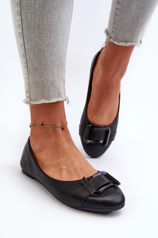 Black Eco Leather Ballerina Flats with Strap and Ornament Cadwenla