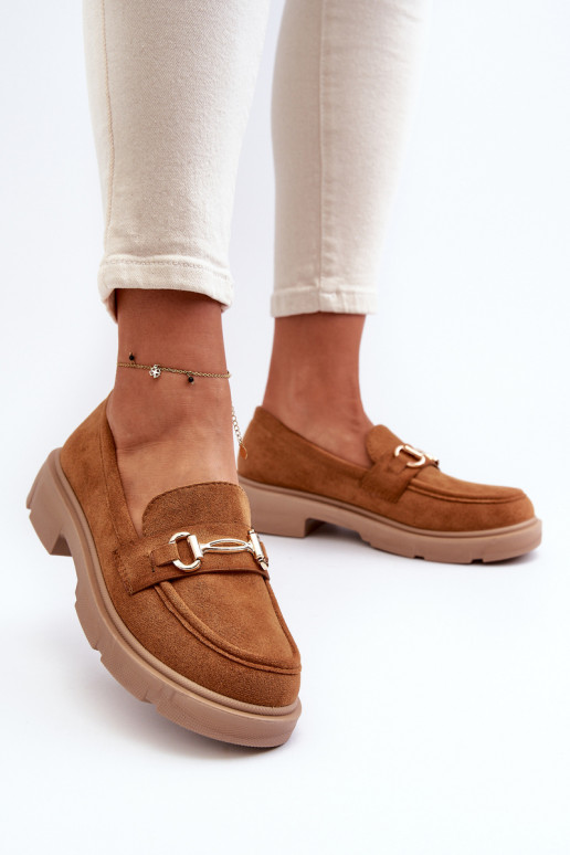 Women's Loafers with Gold Decoration Eco Suede Camel Lighas