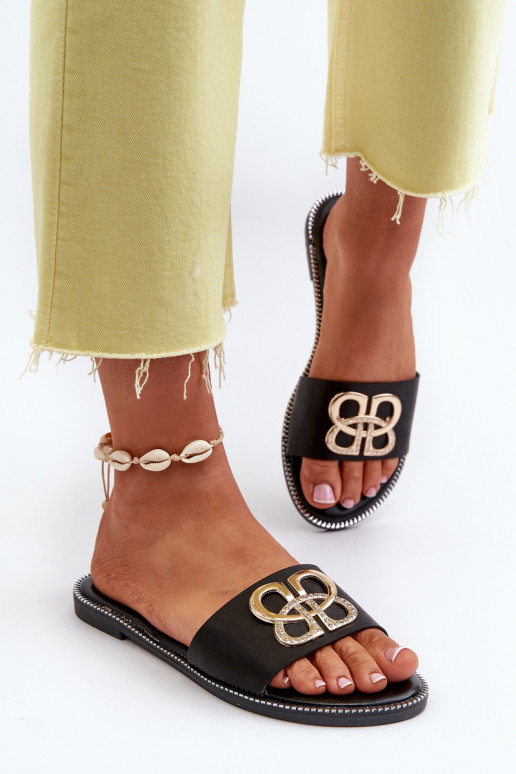 Women's Sandals With Eco Leather Decoration On Flat Heel Black Sadria