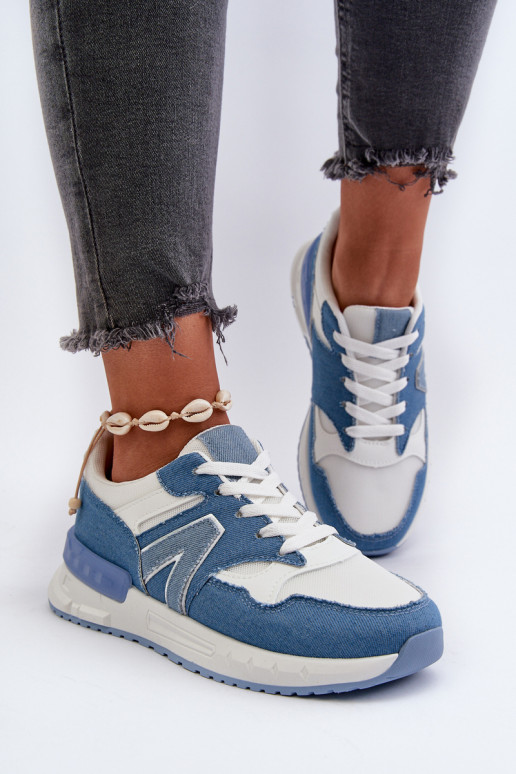 Women's Blue Faux Leather Jeans Sneakers Vinelli